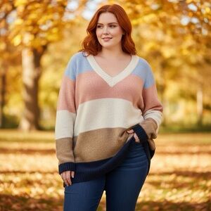 Lane Bryant size 22 24 chunky knit v-neck pullover sweater wide stripe career